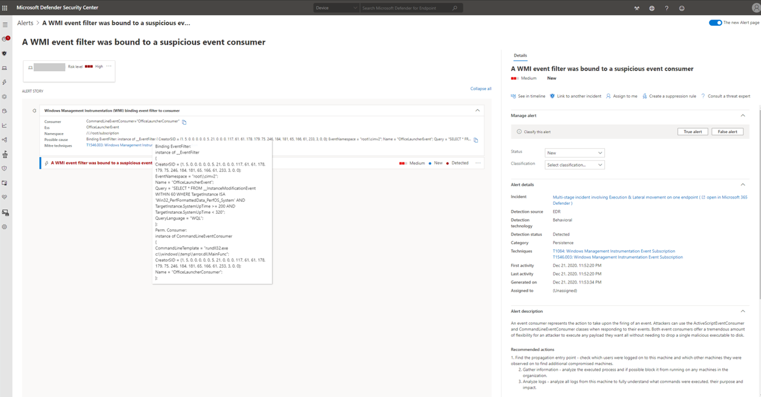 Screenshot of Microsoft Defender Security Center alert for detection of WMI event filter bound to suspicious consumer