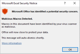 Notification from Microsoft Excel after AMSI reported malware detection