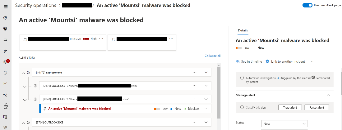 Example of Microsoft Defender for Endpoint alert for detection of XLM malware 