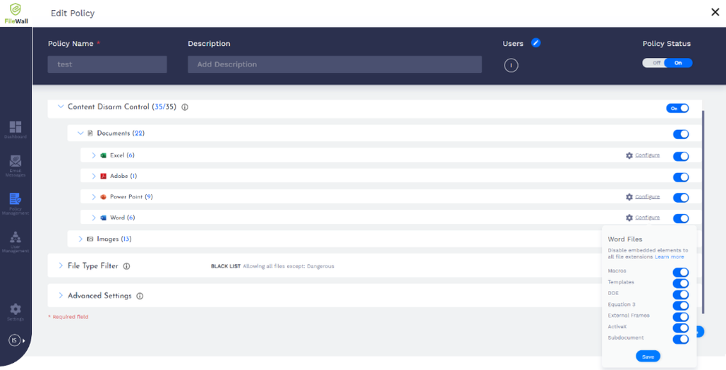 Screenshot of FileWall’s Content Disarm Control.