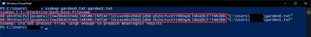 Screenshot of Windows PowerShell showing fuzzy hashing for two text files