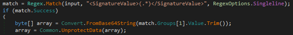 Screenshot of code for decoding the values of the SignatureValue and X509Certificate elements