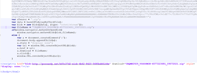 Screenshot of code of HTML smuggling page 