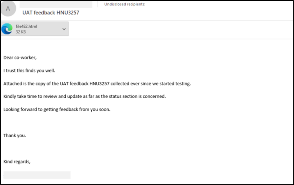 Screenshot of HTML page attached in a email used in a Trickbot campaign