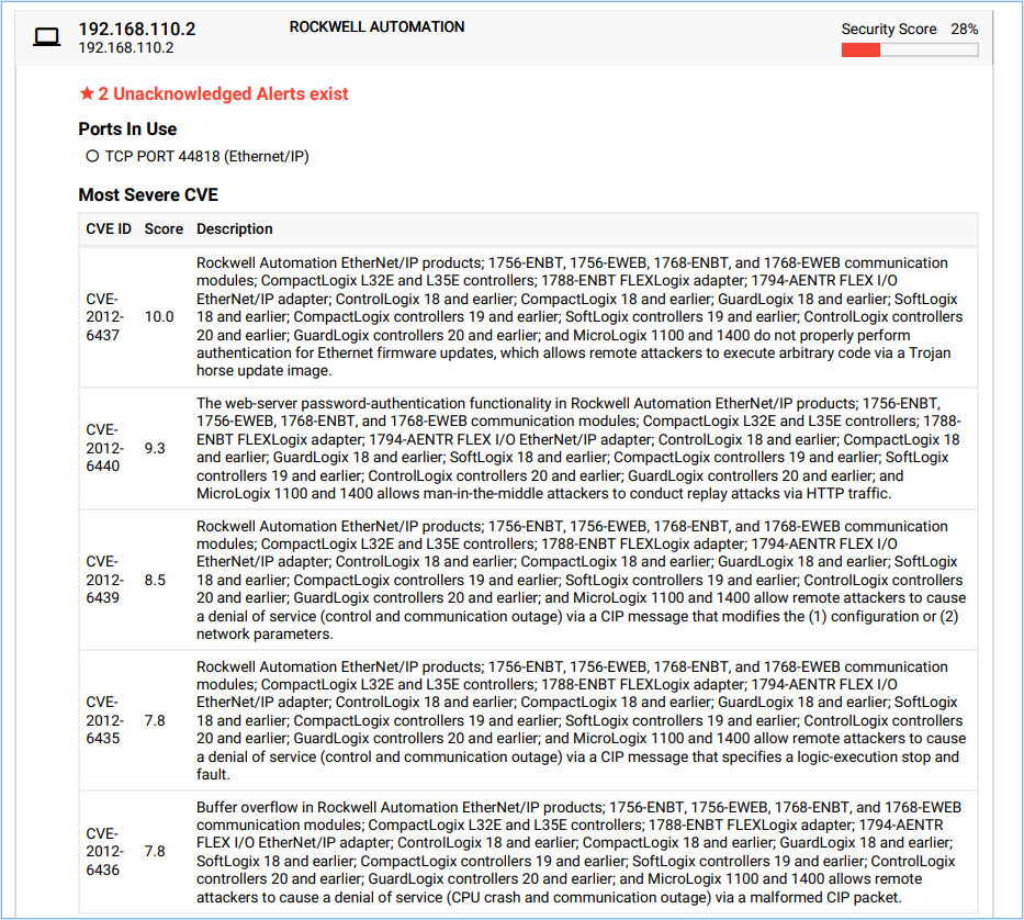 Report example showing vulnerabilities present on an O T workstation.