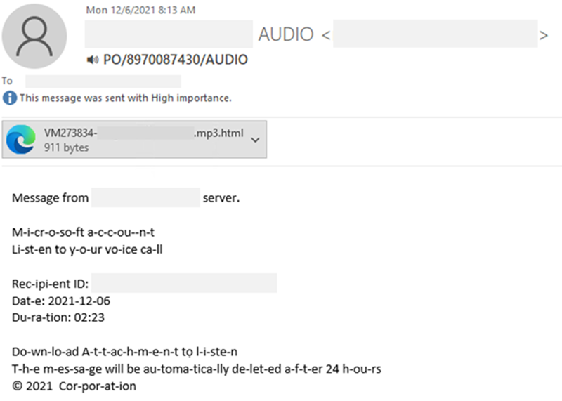 Screenshot of a phishing email message with an HTML file attachment. 