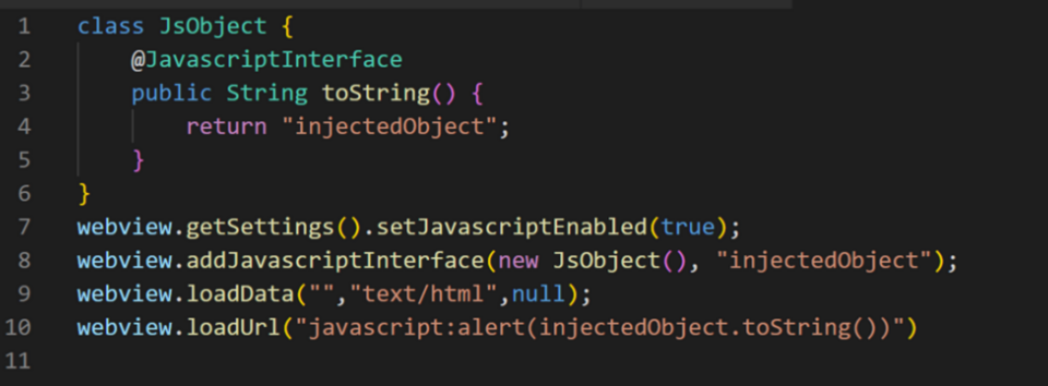 Code depicting adding a JavaScript interface to a WebView object