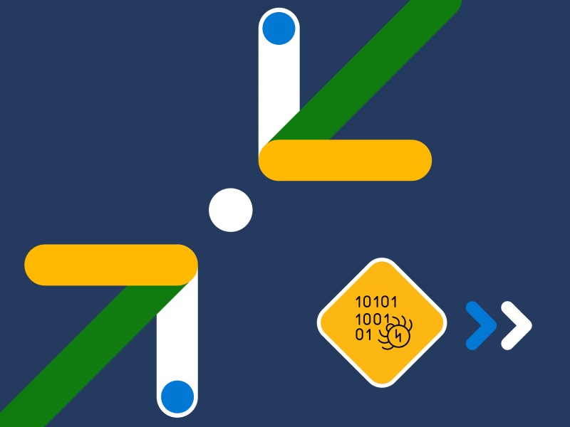 Multicolor arrows pointing towards a center dot, with a yellow diamond filled with 1’s and 0’s and a bug crawling towards it to suggest malware.