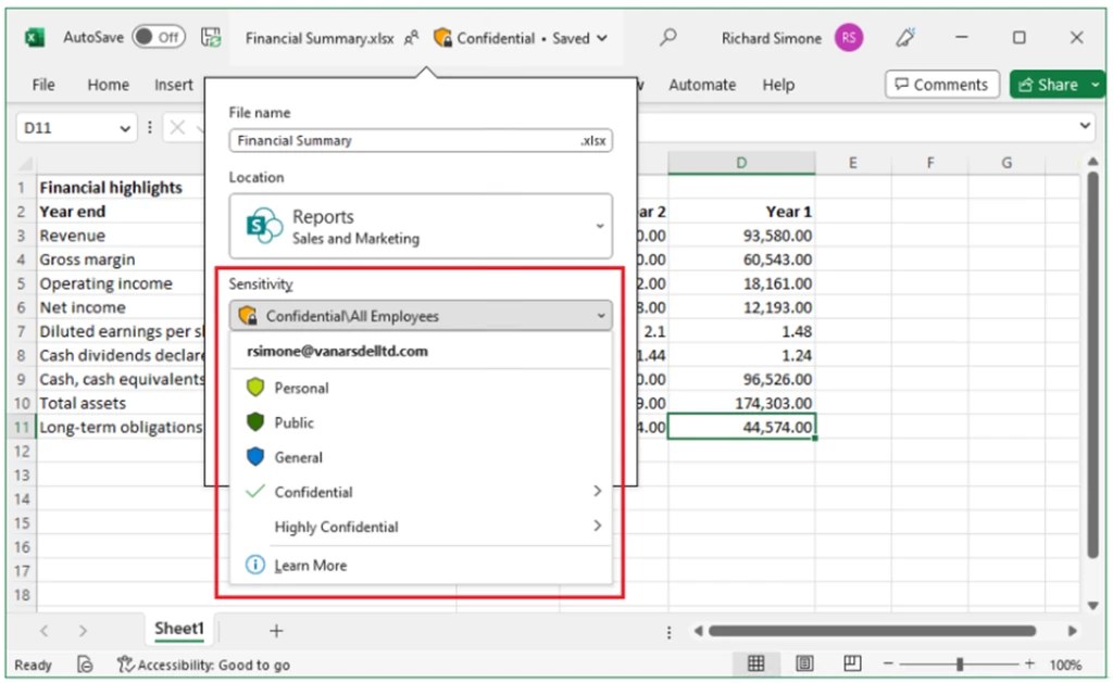 Screenshot of Sensitivity Label with scoped encryption  accessible only to employees