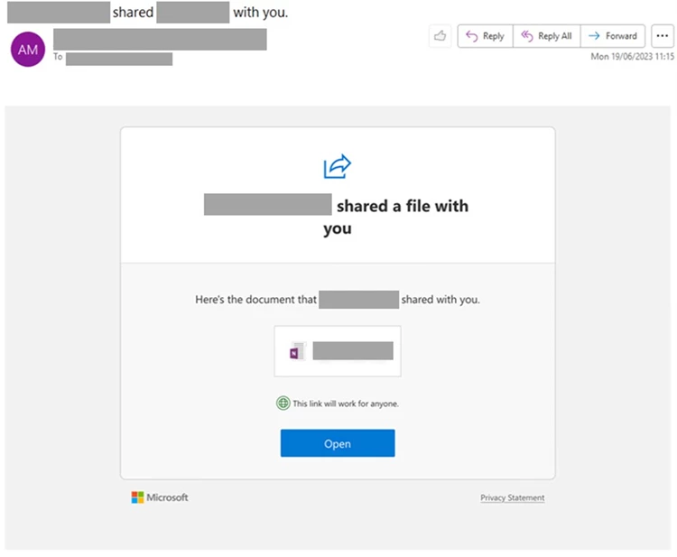 A screenshot of a phishing email sent by the threat actor.