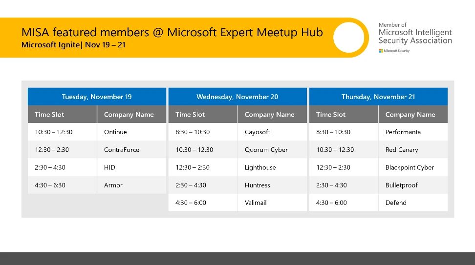 Graphic showing the MISA partner schedule at Microsoft Ignite 2024. 