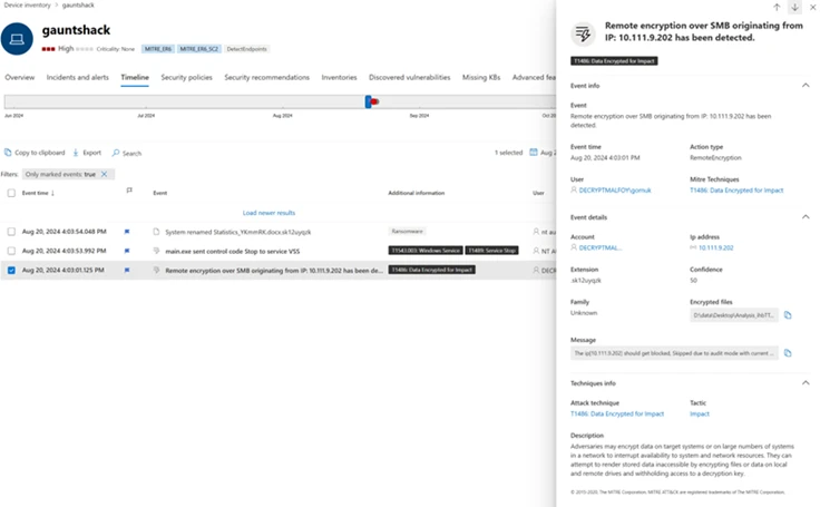 A screenshot of the Defender XDR portal showing visibility into a remote device used in the attack, evidence of Microsoft’s ability to protect against it. 