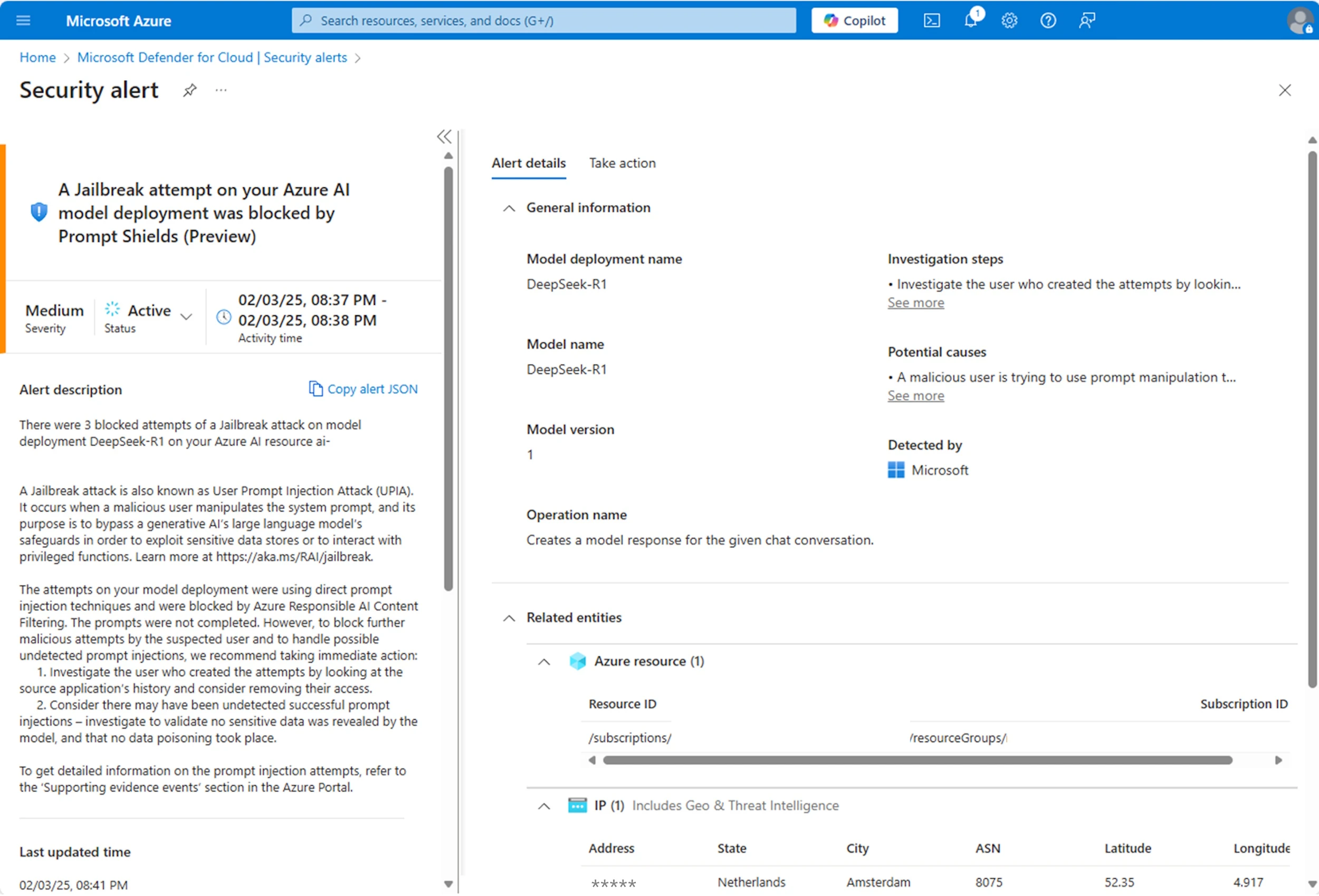 A jailbreak prompt injection attack on a Azure AI model deployment was flagged as an alert in Defender for Cloud. 