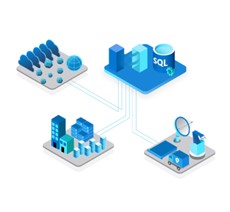Azure Arc icon sharing a platform with SQL Server icon extending Azure capabilities to across three different environments: multicloud, edge and on-premises. Multicloud environment shows multiple clouds icons. On premises platform has a datacenter icon with databases. The edge platform shows a satellite, a piece of manufacturing equipment, and a delivery truck.
