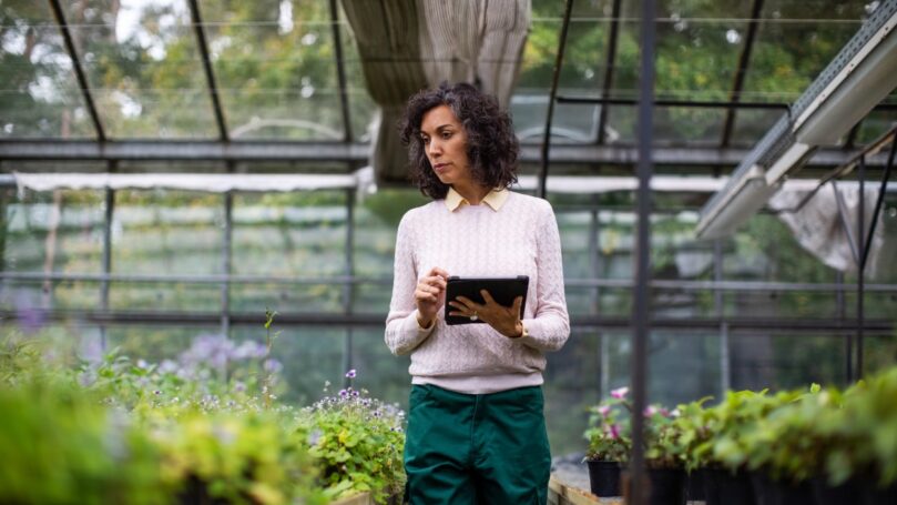 Mature woman holding a tablet working in a greenhouse.