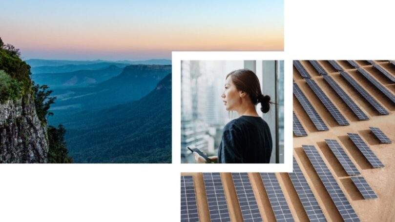 A forested valley at sunset with shadowed ridges on the horizon. A woman holds a cellphone and looks out of an office window. An overhead view of a large solar panel array in the desert.