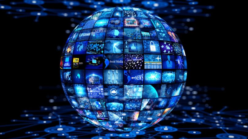 Video wall with small screens digital concept Reference Earth Map taken from open source