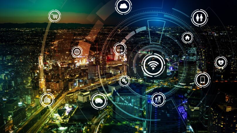 smart city and wireless communication network, IoT(Internet of Things), ICT(Information Communication Technology), digital transformation, abstract image visual