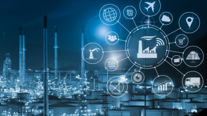 Industry 4.0 concept, smart factory with icon flow automation and data exchange in manufacturing technologies.