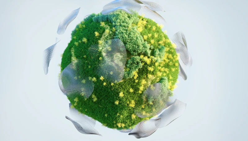 Digital generated image of green sphere made out of grass and water drops flying around sphere on light blue background. Biofuel and sustainability concept.
