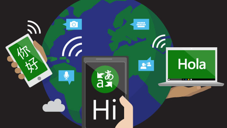 Illustration of a globe with the word 'Hello' translated into many different languages