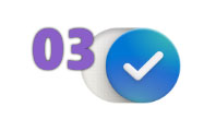 03 número en texto morado al lado de un círculo azul que contiene una marca de verificación blanca.