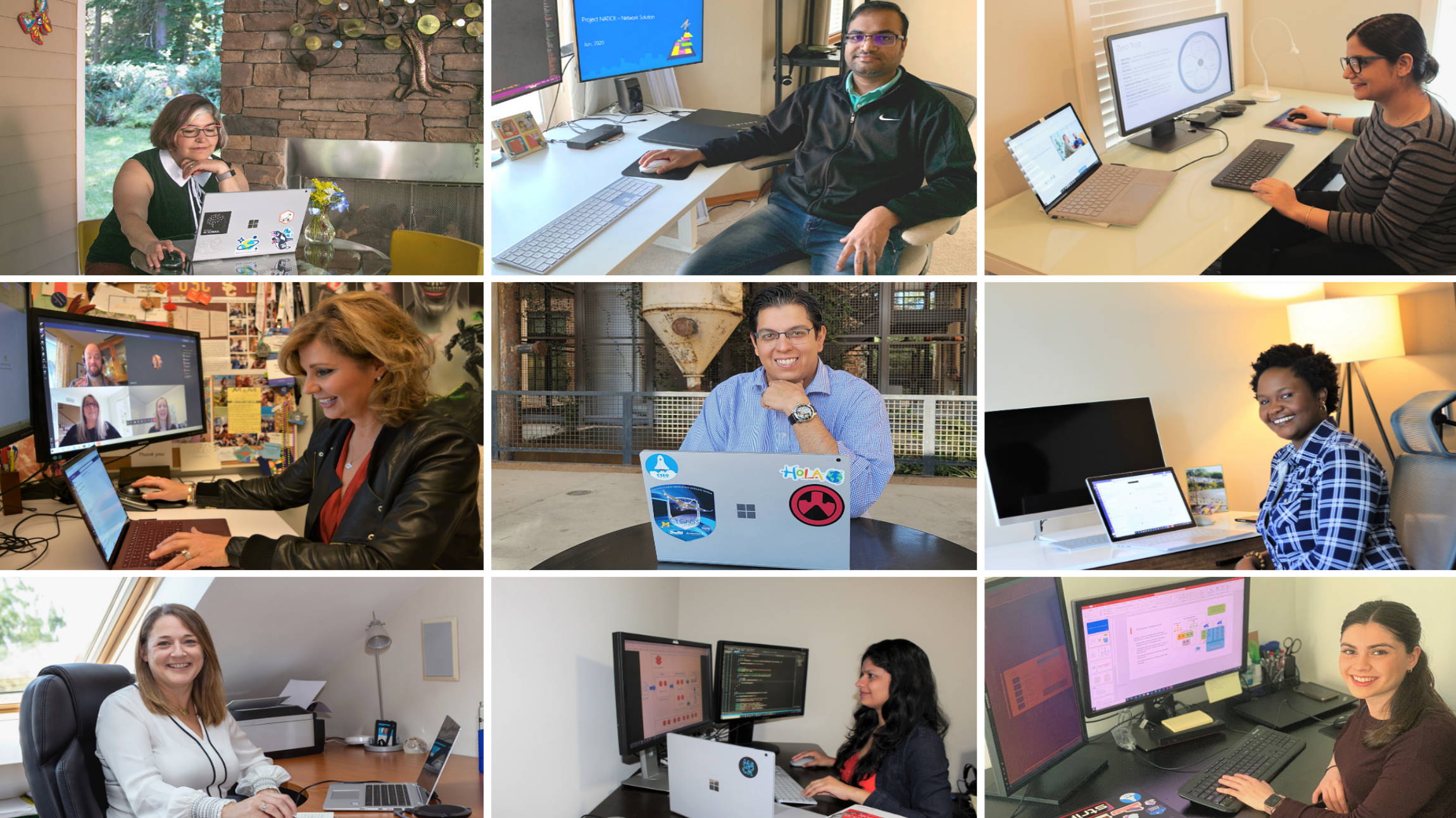 A collage of photos of Microsoft employees working from home.