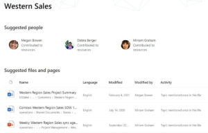 AI-generated Viva Topics card that shows results of people and documents related to Western Sales.