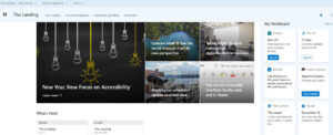 Viva Connections homepage screenshot showing an employee’s personalized news, announcements, and individual dashboard.