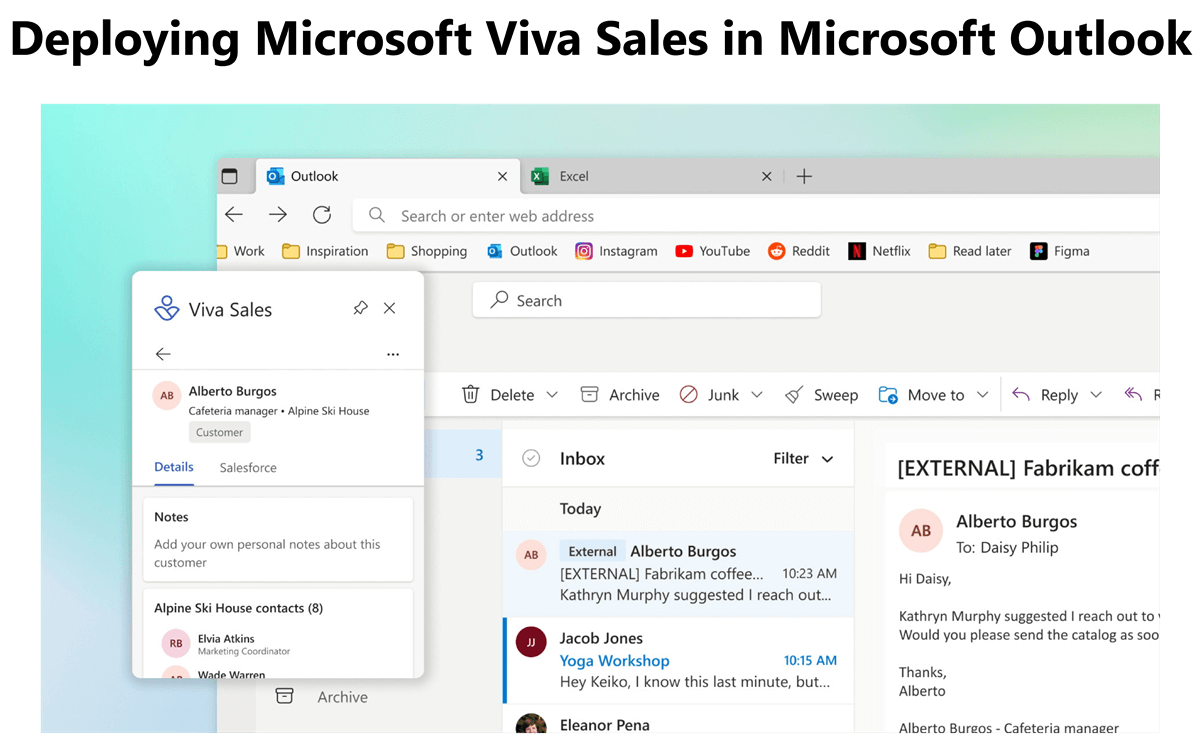 A Viva Sales panel in Microsoft Outlook outlining a client contact’s profile.