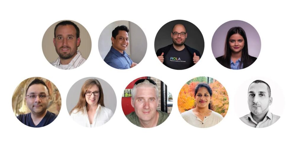 MacDonald, Uribe, Arias, Sengar, Pancholi, Ceurvorst, Philpott, Bodhanampati, and Paniaras pose for pictures that have been assembled into a collage.