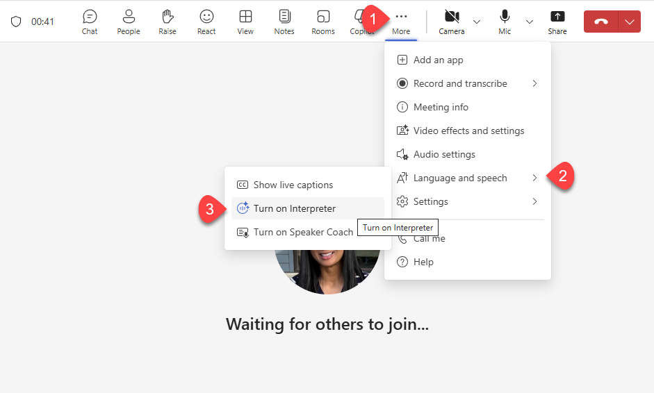 Steps for turning on Interpreter and adjusting your settings. First select “More” in your meeting nav, then select Language and speech, and then “Turn on Interpreter.” 