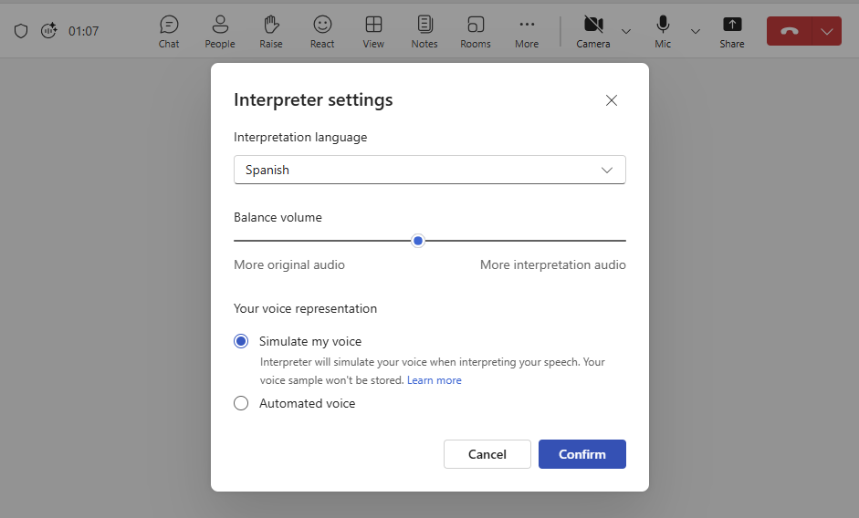 Once there, select your interpretation language and device if you want the AI feature to simulate your voice or choose from several automated options. 