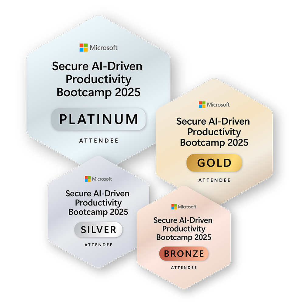 四つの重なり合った六角形のバッジには、Microsoftのロゴと「Secure AI-driven productivity bootcamp 2025 along with platinum, gold, bronze and silver attendee」。
