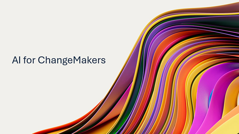 IA para ChangeMakers | com um fundo abstrato colorido de fitas onduladas em camadas em tons de arco-íris.